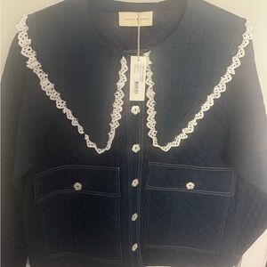 Loeffler Randall Navy Quilted Utility Jacket with White Lace Trim